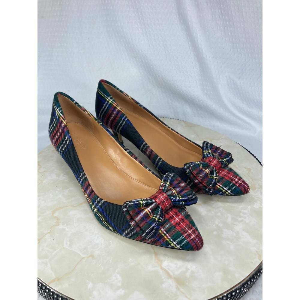 J. Crew Esme Plaid Tartan Kitten Heel Pumps Womens 7.5 Black Red Preppy Office